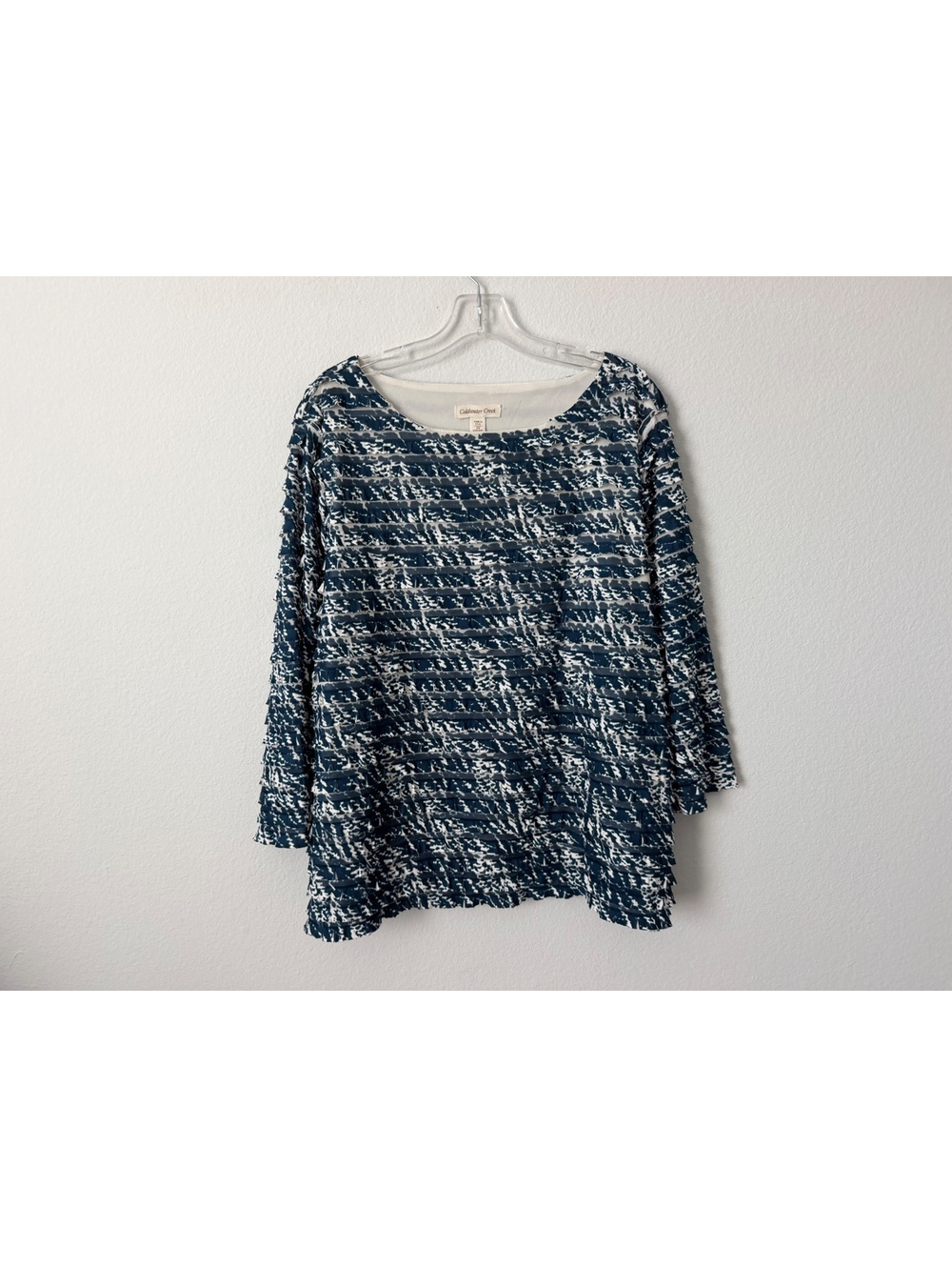 Coldwater Creek Round Neck Blue/White Abstract Ruffled Stretch Blouse Size 3X